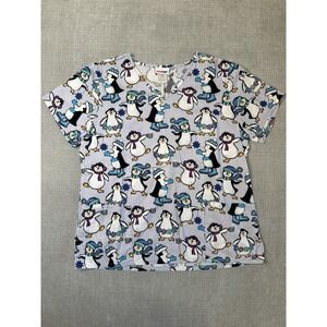 scrubstar scrub top women's Large gray winter penguin print 3 pocket v-neck